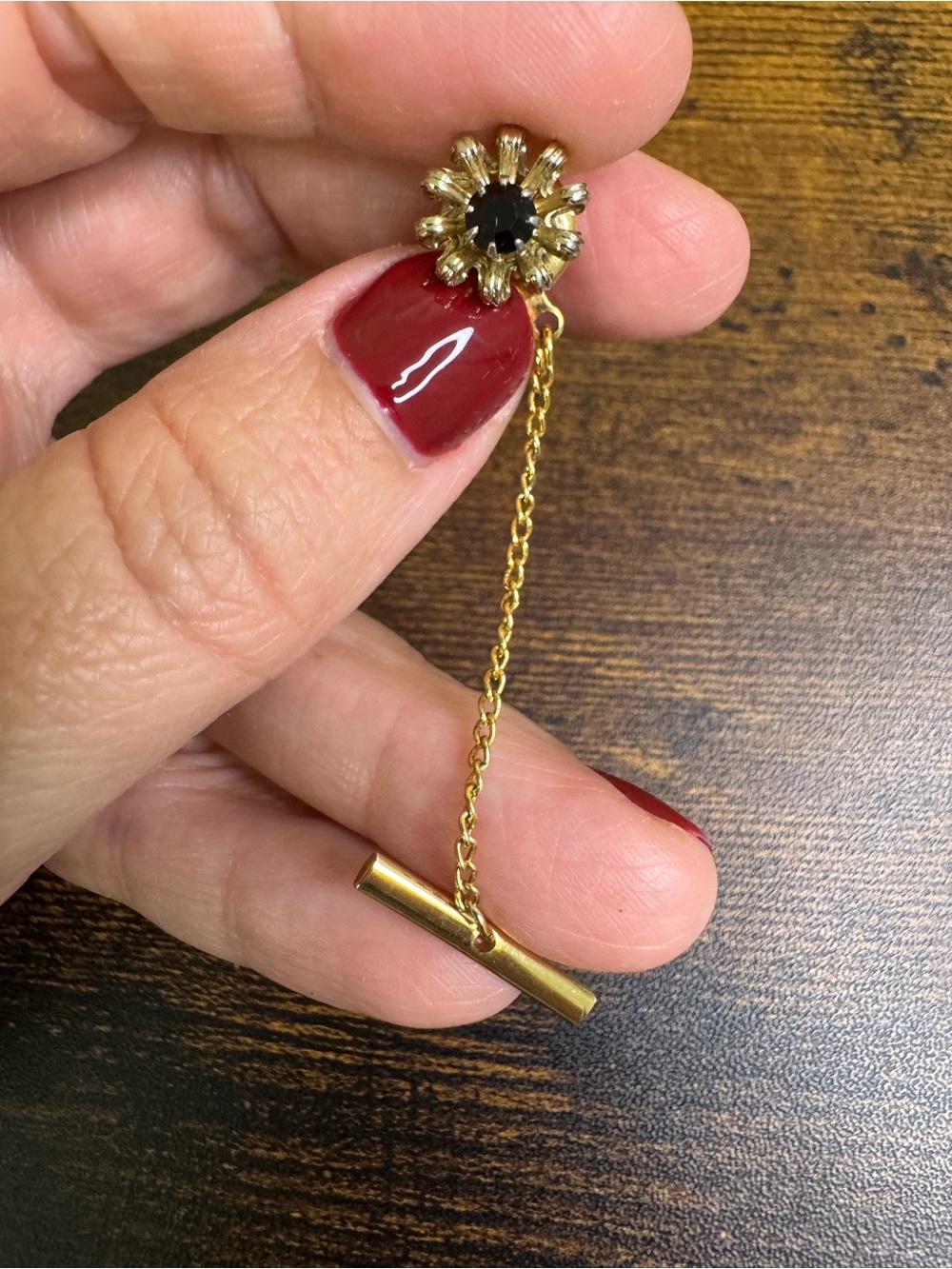 Vintage Gold Floral Tie Tack Brooch with Black Center